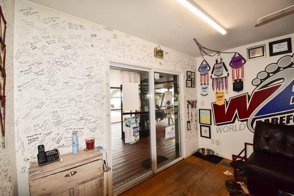 WBC Signature wall signed by barefooters from all over the World that have stopped by and taken lessons at WBC!