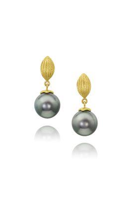 Tahitian Pearl Earrings with Textured Marquise Top in 18k yellow gold