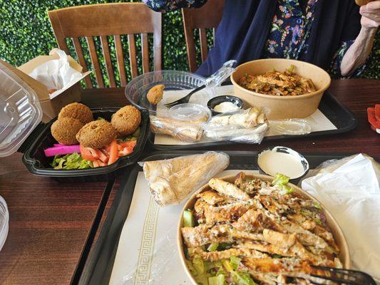 Chicken shawarma bowl, Chicken Galabah, and Falafel app. AMAZING!