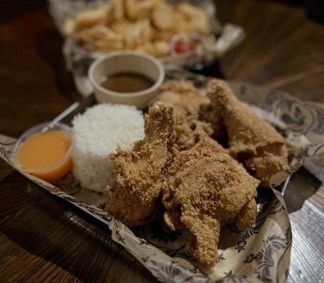 Respectable Bird's Fried Chicken (4 pc) w/ gravy, habanero sauce, rice, and waffle fries | ~$25
