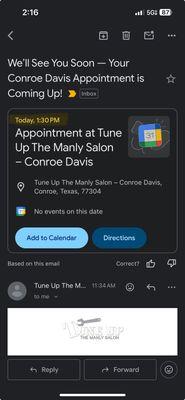 Appointment confirmation email.