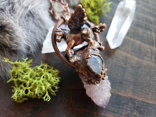 Copper electroformed Spirit Quartz and Pegasus necklace