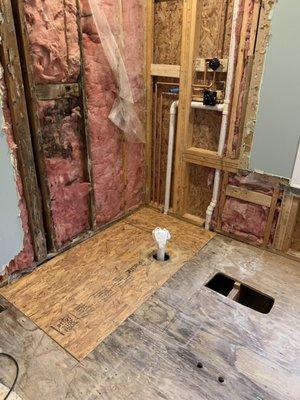 Finished work (water lines moved to a new wall, floor drain moved to a new location, subflooring replaced, new valves added, etc)