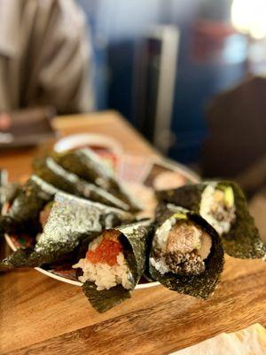 Uni ikura, Wagyu truffle, salmon avocado, and spicy scallop handrolls