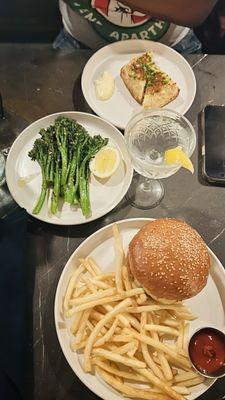Shrimp toast, broccolini and the cheeseburger
