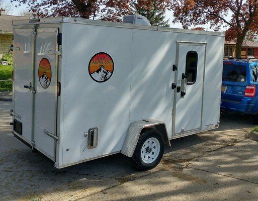 12 by 6 Enclosed trailer available for camping and will carry up to 6 bikes.