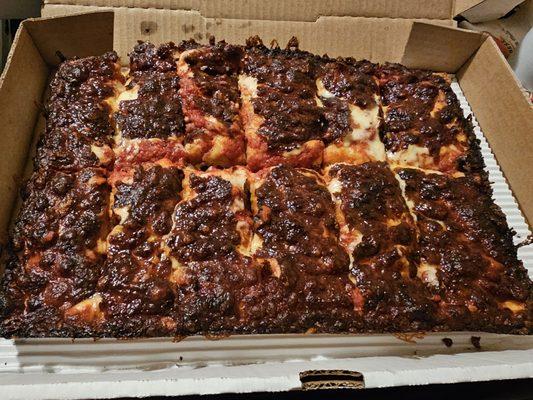 Beyond burned. Tried to pull the top off to salvage it but all the cheese came off with it. So no pizza for me.