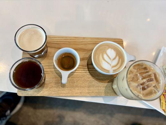 Coffee flight and an iced coffee creation