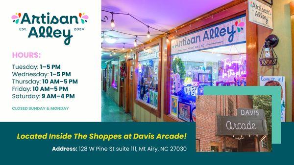 Located inside "The Shoppes at Davis Arcade" near the Municipal Parking Lot in Mt. Airy, NC