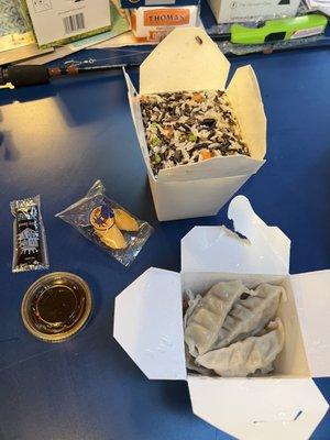 Steamed potstickers and fried wild rice with shrimp.
