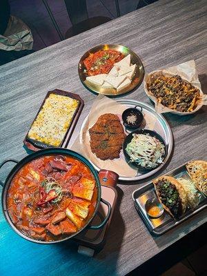 Little bit of everything! Army stew, DonKatsu, Corn Cheese, Bulgogi Fries, Tofu Kimchi, Bulgogi Tacos! YUM