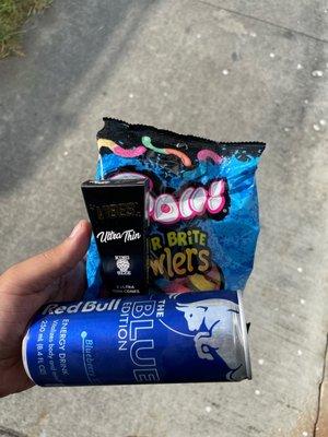 Red Bull vibe cones and trolly sour worms