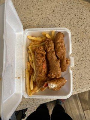 Fried crab meat w/ FF. Burnt, soggy, super thick dough. Threw it away!