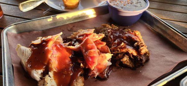 Smoked turkey, smoked chicken and brisket with baked beans