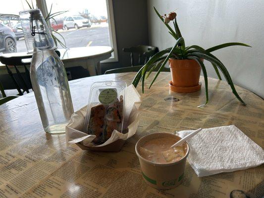 Cup of curry soup, buffalo cauliflower wrap. Complimentary water.