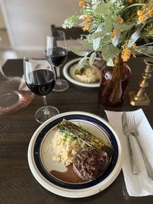 Filet with red wine mushroom reduction, grilled garlic Parmesan leaks, and white celery risotto