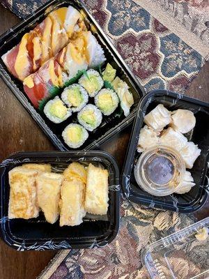 California Roll, Tuna Roll, Shumai, Age Dashi Tofu