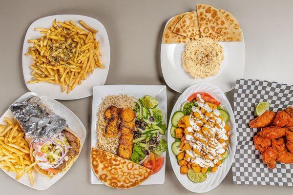 Garlic Fries, , Gyro, Chicken Kabob, Gyro Bowl, and Wings Hummus and 2 Pita Bread