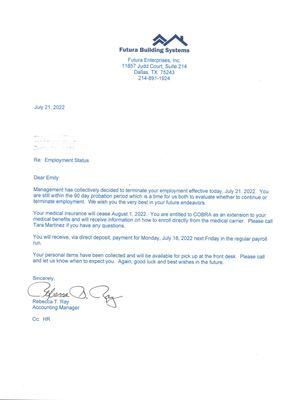 Letter of termination dated 3-4 days after giving me a week to grieve my fathers death