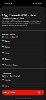 DoorDash menu. Can't select meat and cheese but they already charge for meat and can only select one single condiment