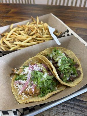 Carne asada, chicken tinga and some fries
