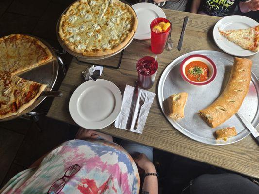 White pizza,pepperoni and cheese pizza, large Stromboli.