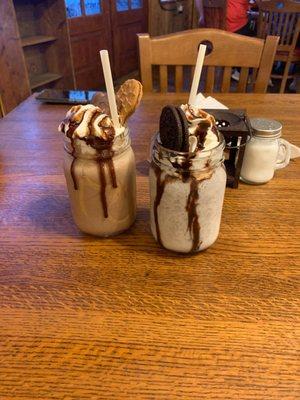 Chocolate peanut butter milkshake and cookies and cream milkshake