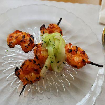 Harissa grilled shrimp. Tunisian spice, mild to medium spicy. Juicy and charred, highly recommended.