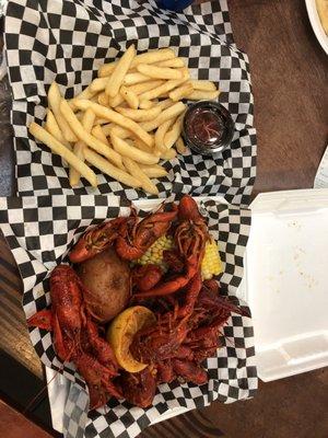 Cajun Crawfish, corn, potatoes and fries