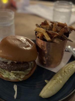 Burger  8 Oz Angus Beef | Lore Smoked Sauce | Cooper Sharp | Lettuce | Tomato | Crispy Onion | Brioche | Fries