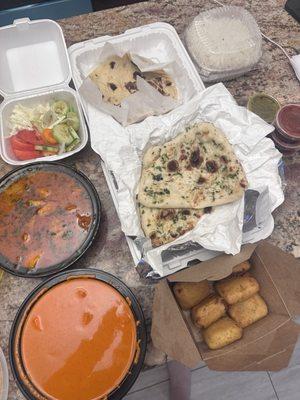 Paneer, curry chicken, salad, naan, roti