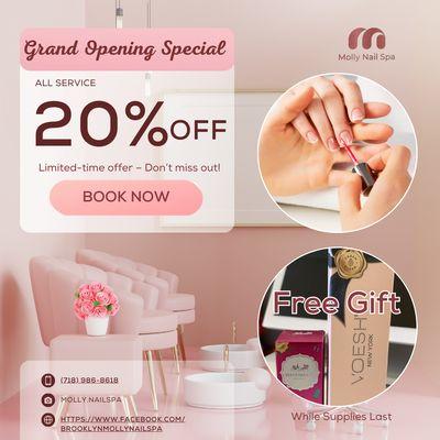 Grand Opening Special Enjoy 20% OFF on all services! Plus, receive a free gift with your visit! Limited-time offer - Don't miss out!