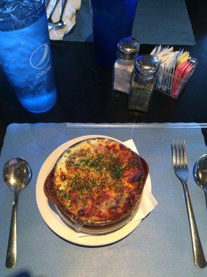 A Heated Crock Super delicious French Onion Soup