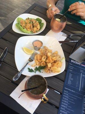 Calamari with spicy aioli, Spicy Shrimp. Kentucky Mule and Moscow Mule