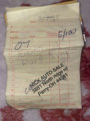 My receipt for the purchase of the 2007 Toyota rav4.