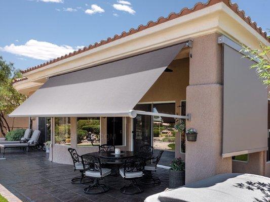 2n1 shade and side patio shade to create more  usable area in this outdoor dining space in Summerlin Las Vegas.