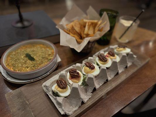 Deviled eggs and seasonal dip