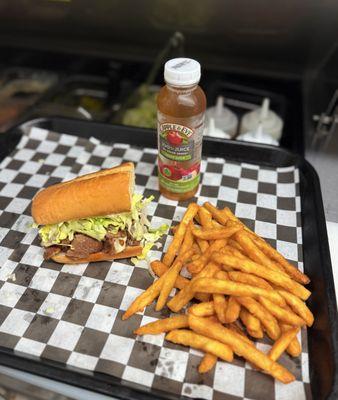 Lil cheesesteak f.fries & apple juice.