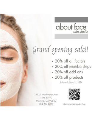 Grand opening sale! Offering 20% off all facial treatments, products and memberships. Sale ends May 31, 2024 Use code GRANDOPENING20