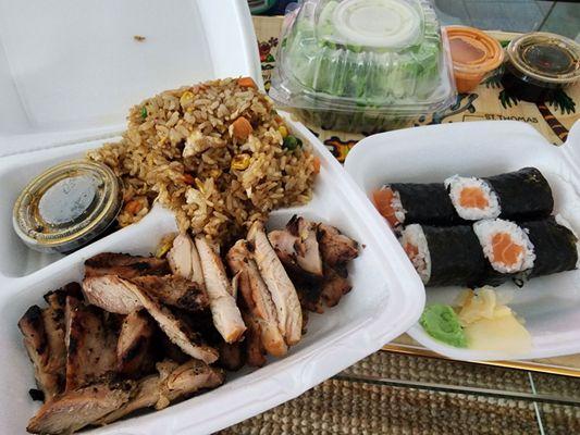 Chicken teriyaki, garlic fried rice, and maki