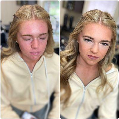 before and after prom makeup on textured skin