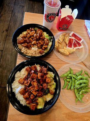Orange chicken, spicy tofu, dumplings, edamame