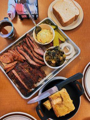 3 Meat Sampler with an added 1/4# brisket and Jalapeno Cornbread - perfect portion for 3 people