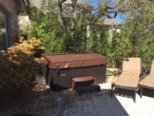 Our beautiful new four winds tub (despite the leaves!)