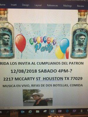 Come celebrate the boss's bday free food raffles and live Spanish music