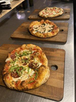 In order: Spicy Sweet, Margarita and Pesto Pizza