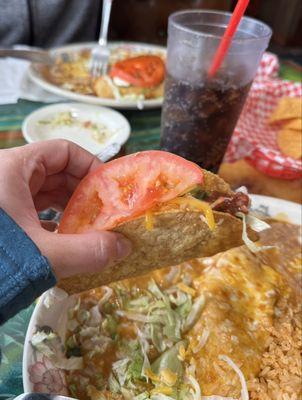 Ground beef crispy taco and chicken enchilada combo