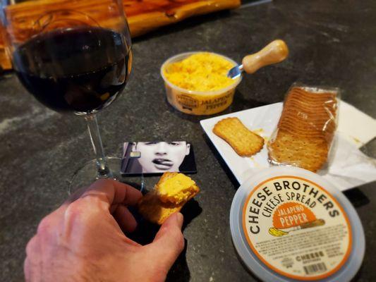 Trivento Malbec paired with jalapeño cheddar cheese spread and crackers