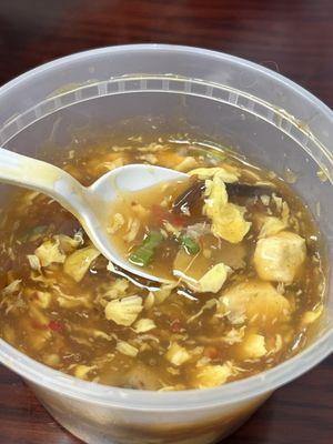 Hot & Sour soup. Delicious! Two different textures of tofu, two types of mushrooms and topped with fresh scallions.