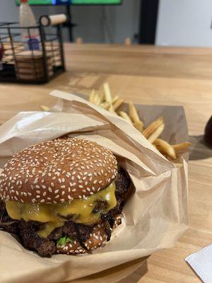 Burger with the works and fries